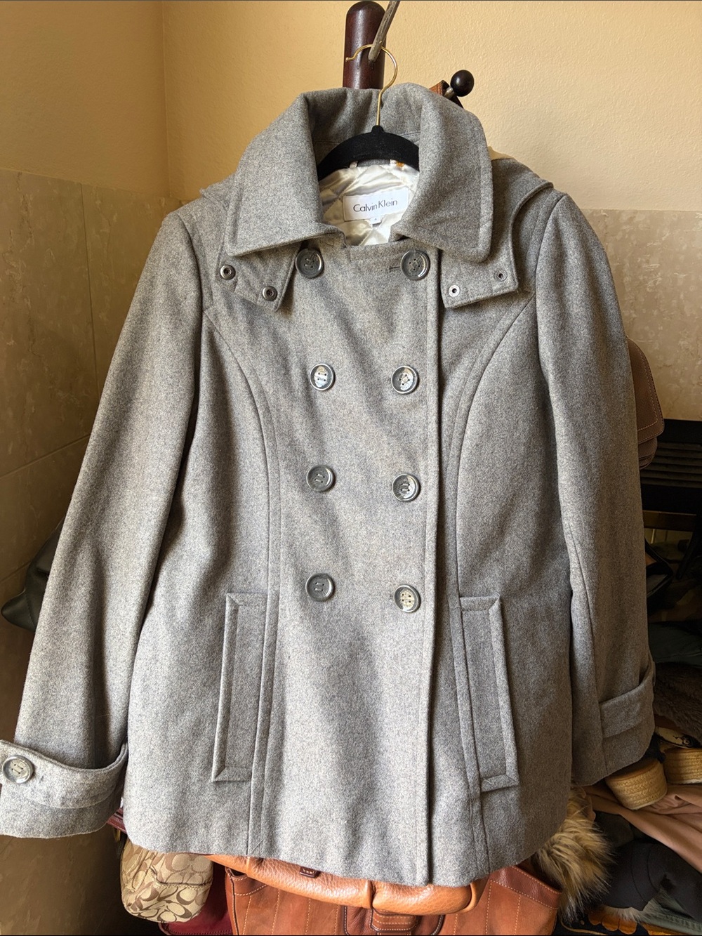 Calvin Klein Light Gray Double-Breasted Wool Peacoat